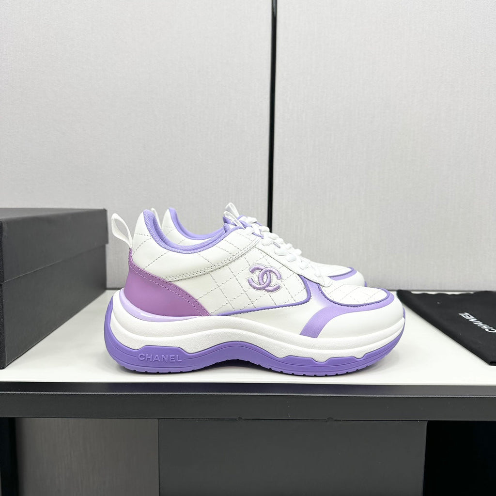 Chanel Sneaker in White Mix Iris Purple Embroidered Lambskin
