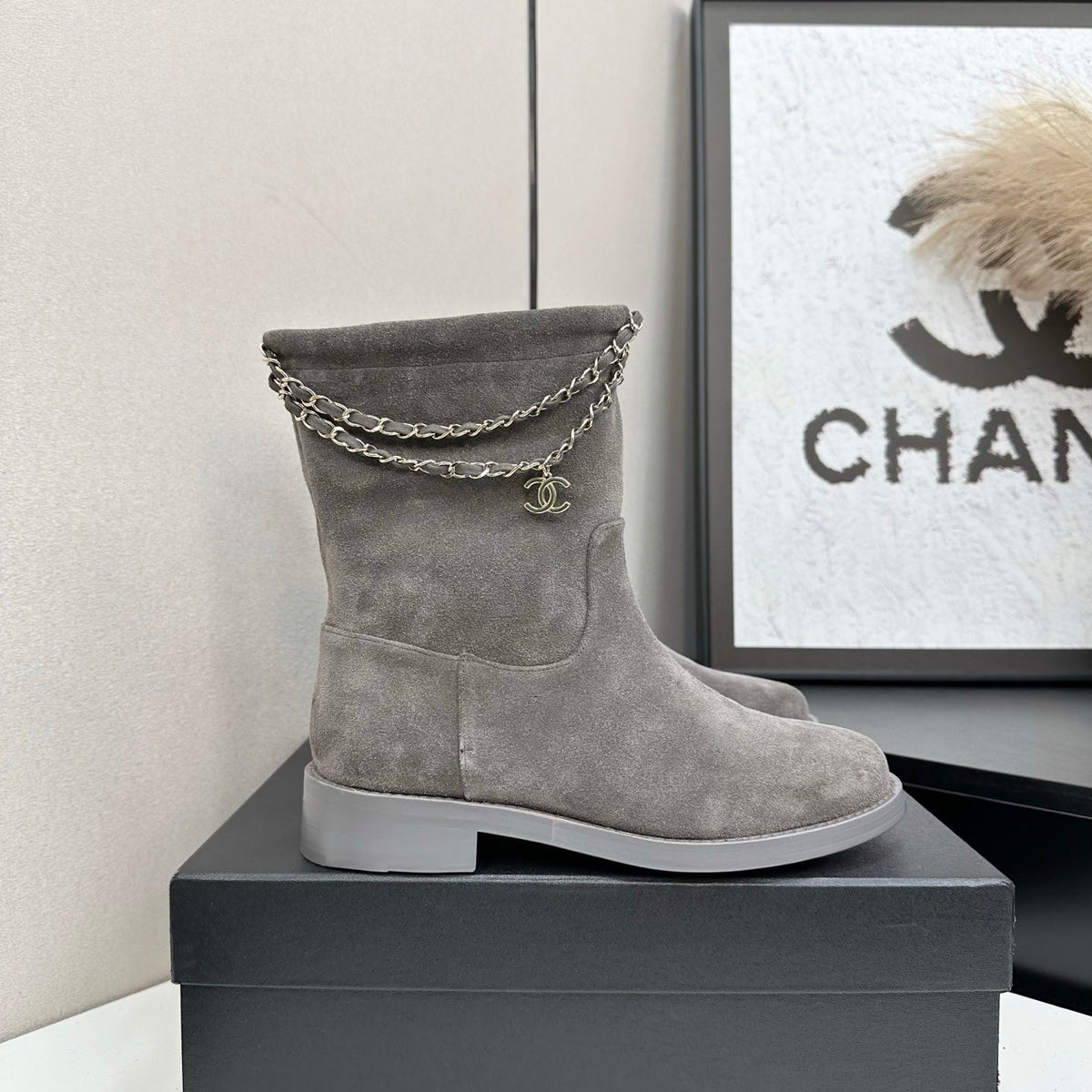 Chanel 25S Short Boots in Gray Suede Silver Hardwre