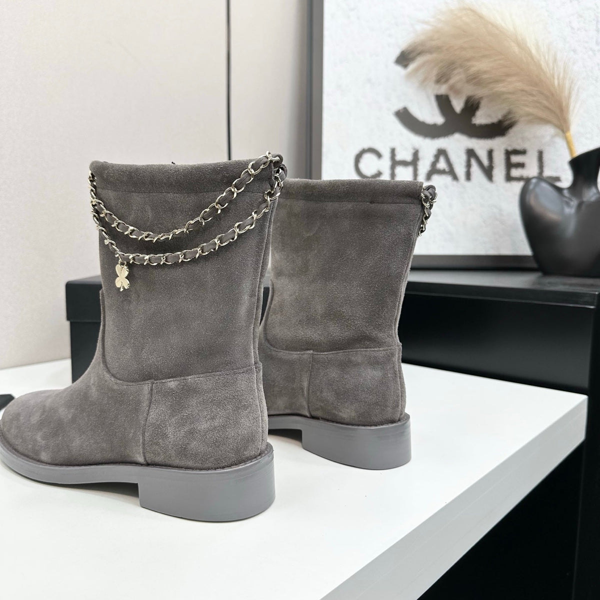 Chanel 25S Short Boots in Gray Suede Silver Hardwre