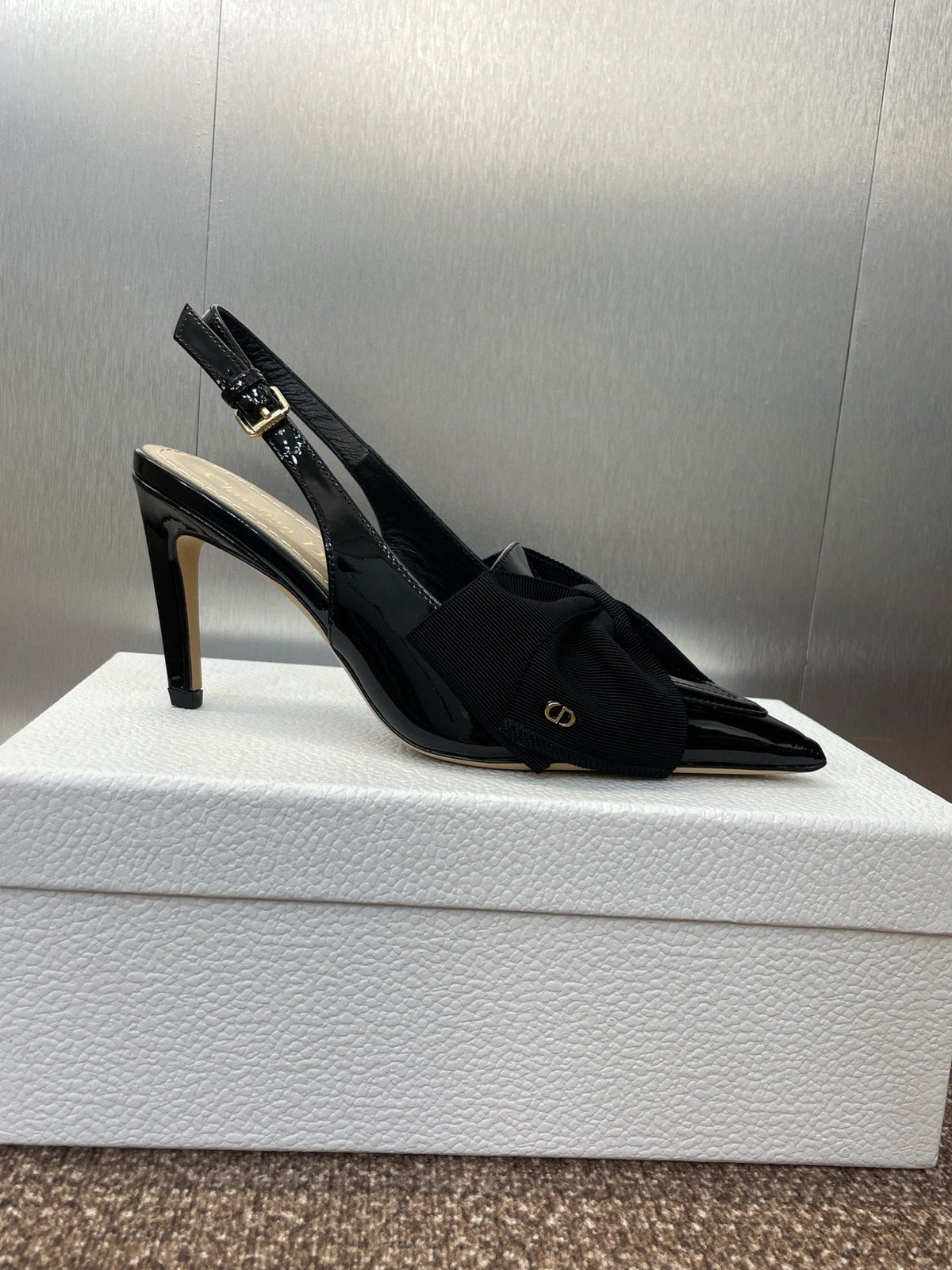 Dior 25S Slingback Pump 80mm in Black Patent Calfskin and Grosgrain