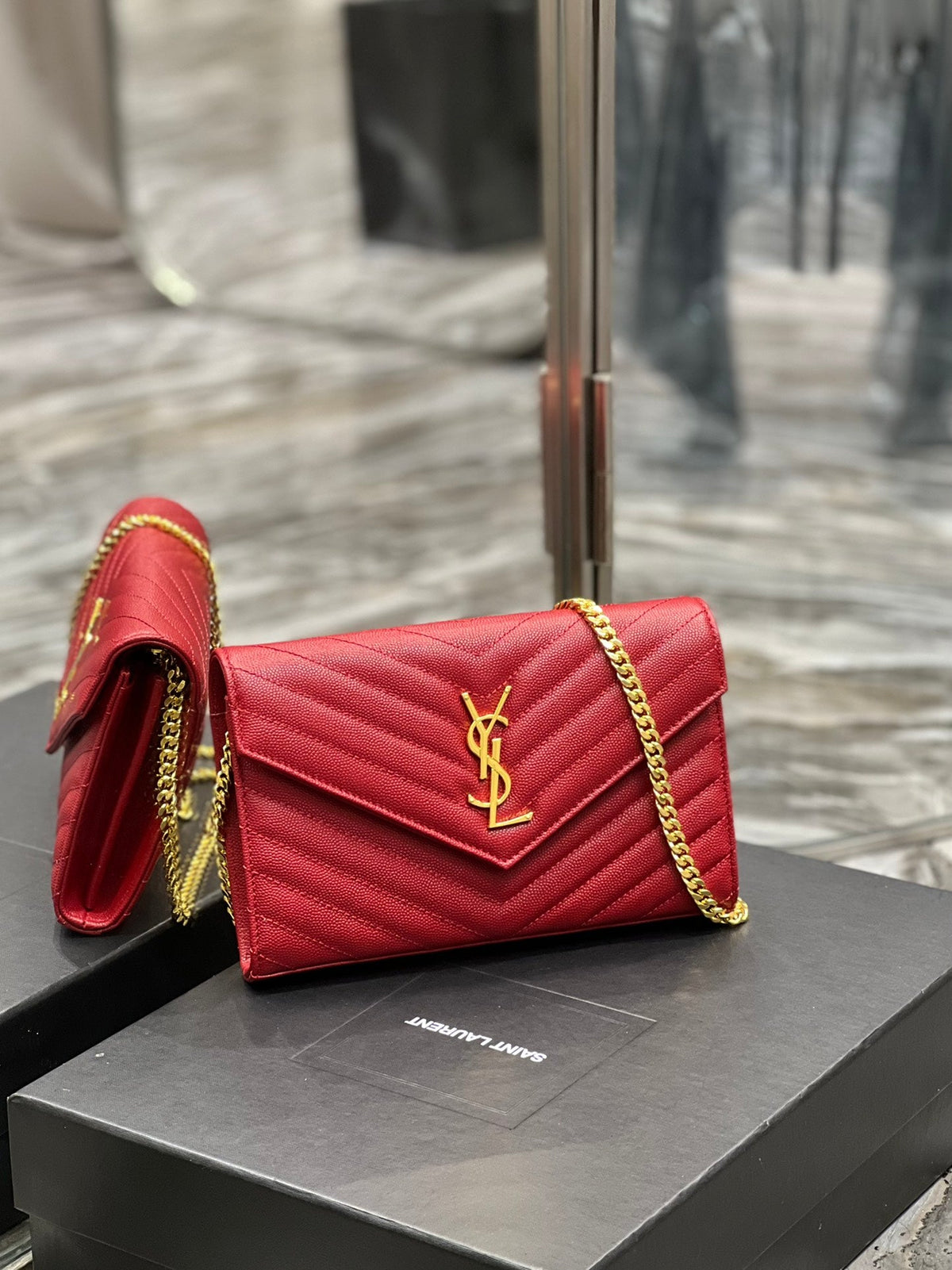 Saint Laurent Yl WOC 22 Red Cheveron Caviar Gold Hardware