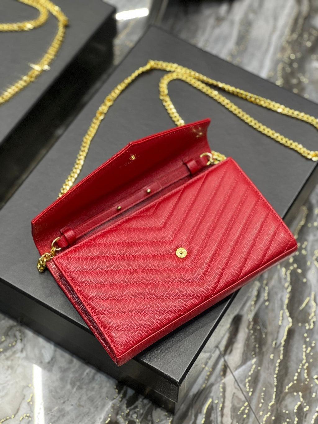 Saint Laurent Yl WOC 22 Red Cheveron Caviar Gold Hardware