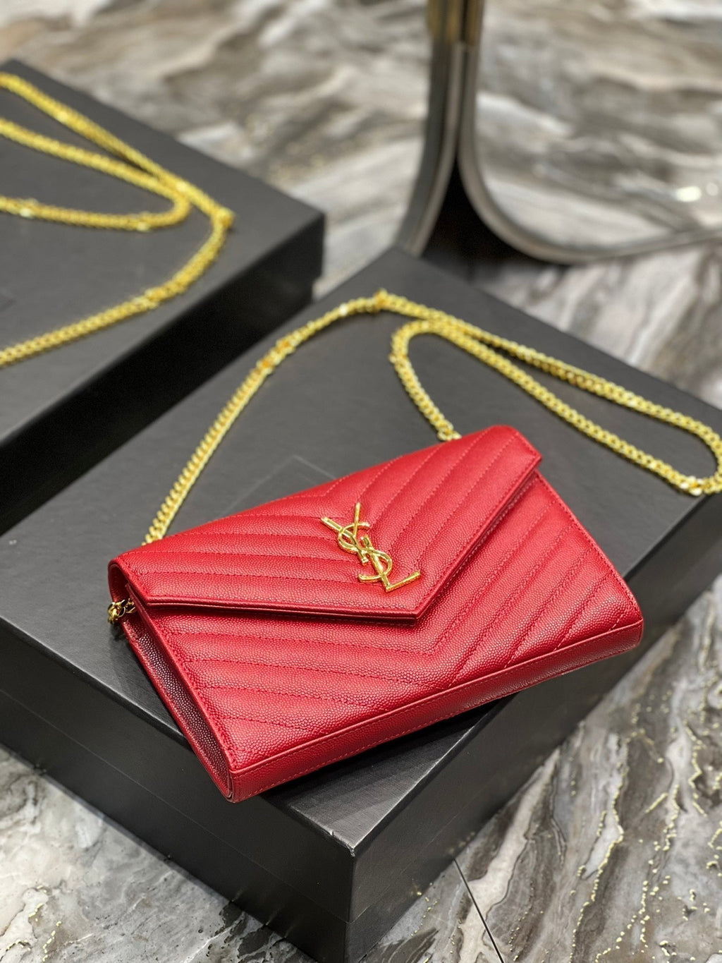 Saint Laurent Yl WOC 22 Red Cheveron Caviar Gold Hardware
