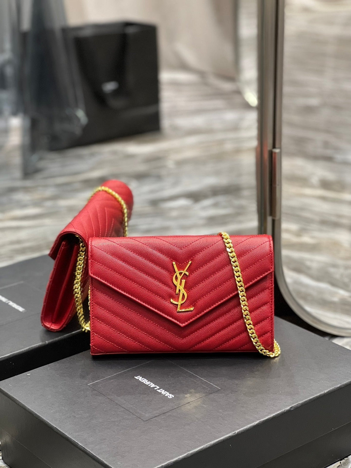 Saint Laurent Yl WOC 22 Red Cheveron Caviar Gold Hardware
