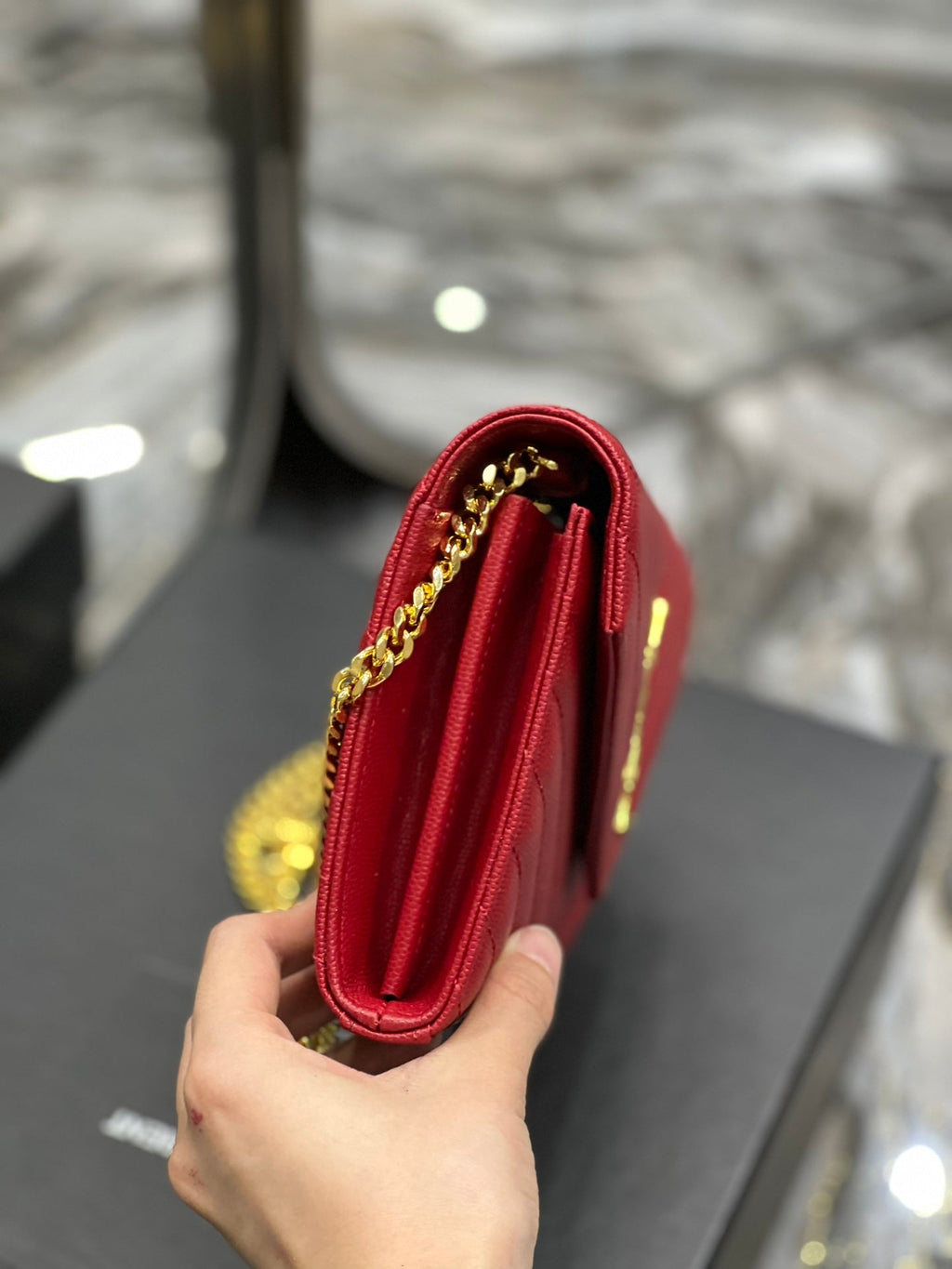 Saint Laurent Yl WOC 22 Red Cheveron Caviar Gold Hardware
