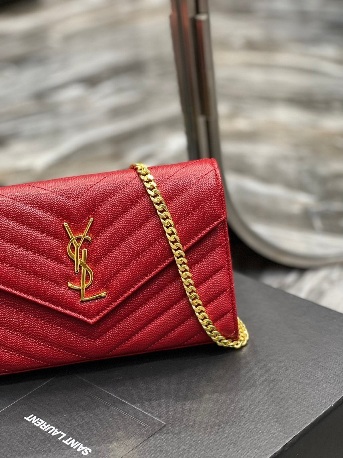 Saint Laurent Yl WOC 22 Red Cheveron Caviar Gold Hardware
