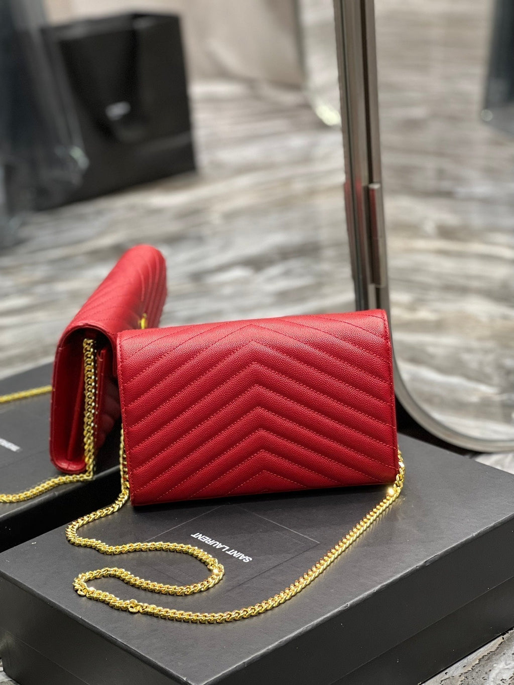Saint Laurent Yl WOC 22 Red Cheveron Caviar Gold Hardware