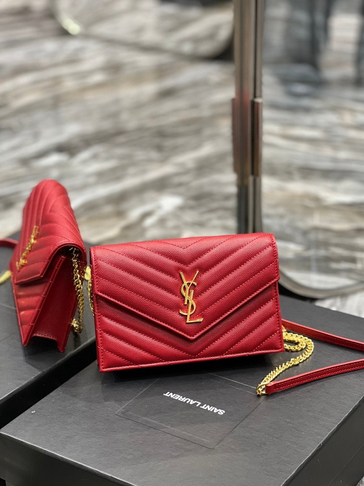 Saint Laurent Yl WOC 19 Red Cheveron Caviar Gold Hardware
