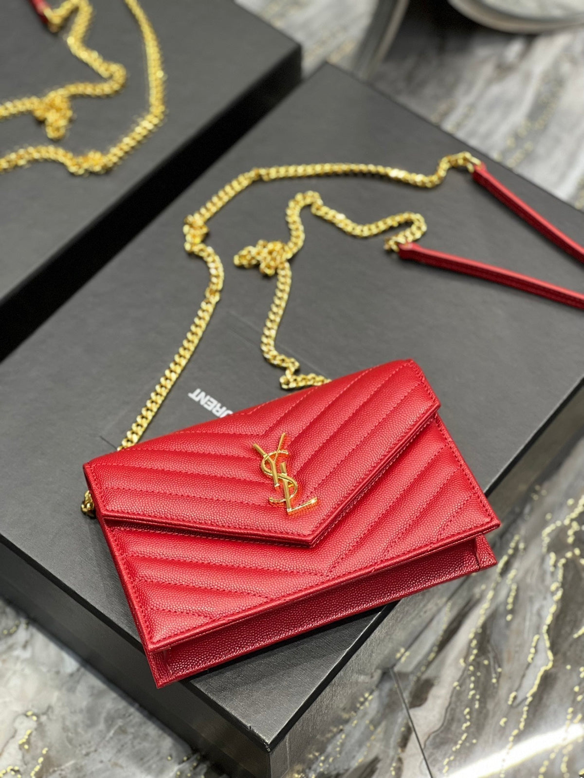 Saint Laurent Yl WOC 19 Red Cheveron Caviar Gold Hardware