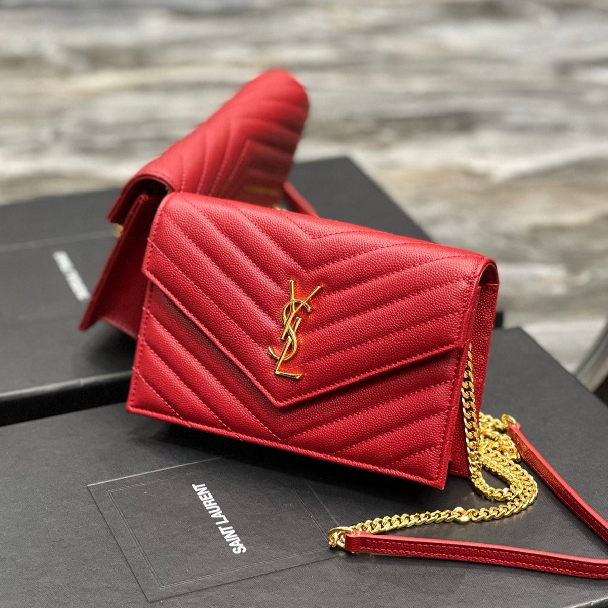 Saint Laurent Yl WOC 19 Red Cheveron Caviar Gold Hardware