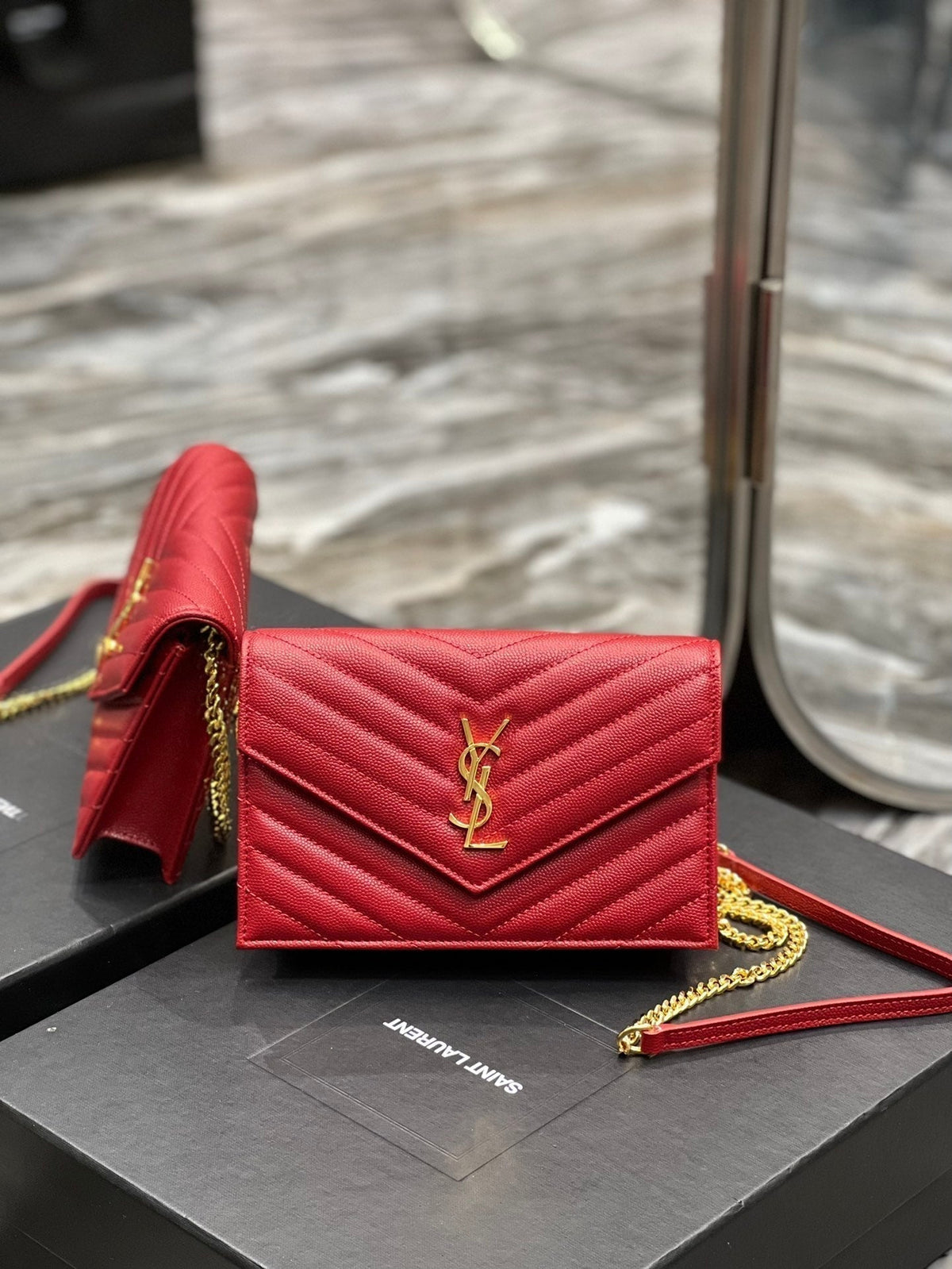 Saint Laurent Yl WOC 19 Red Cheveron Caviar Gold Hardware
