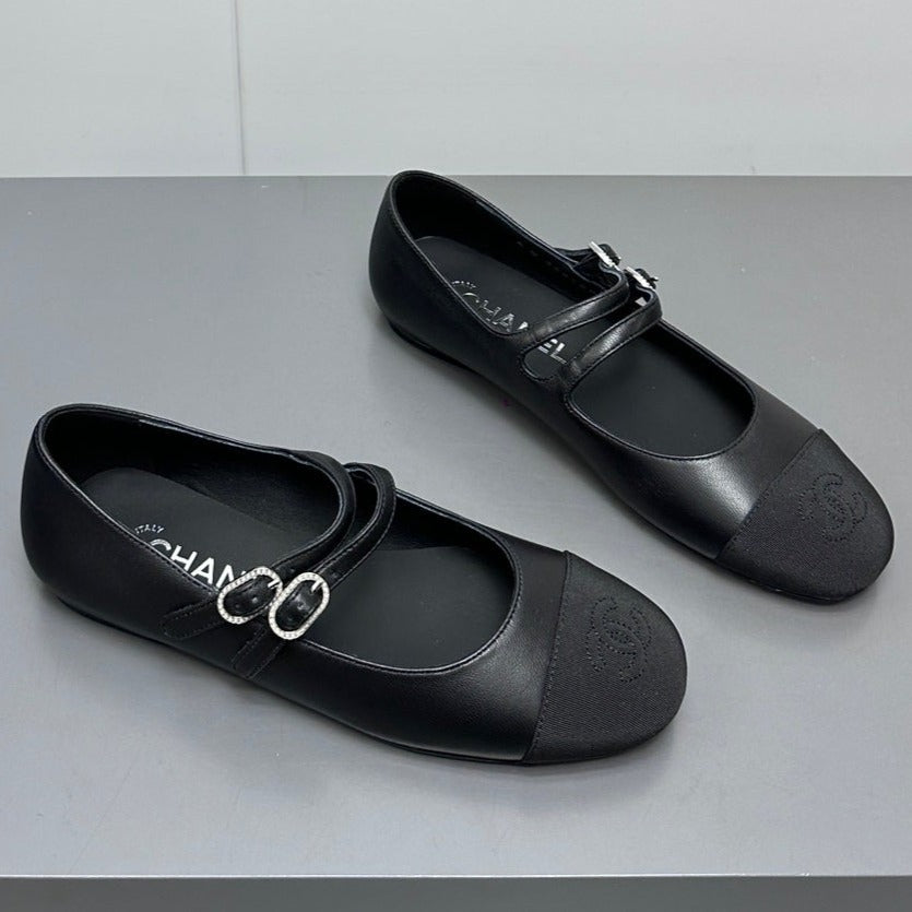 Chanel Pearl Mary Jane Flat Shoes Black