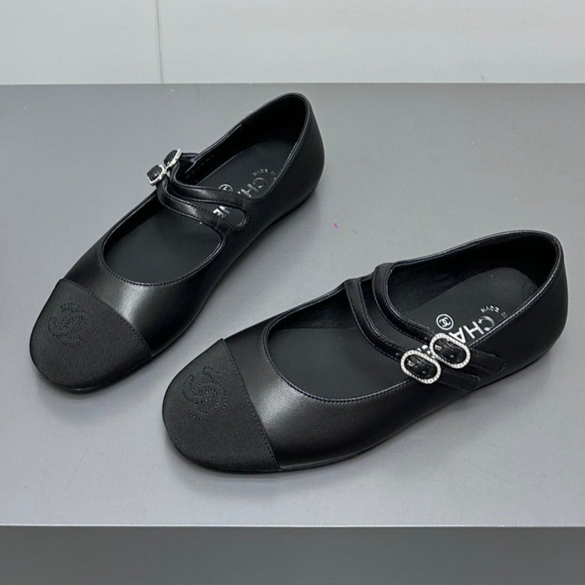 Chanel Pearl Mary Jane Flat Shoes Black