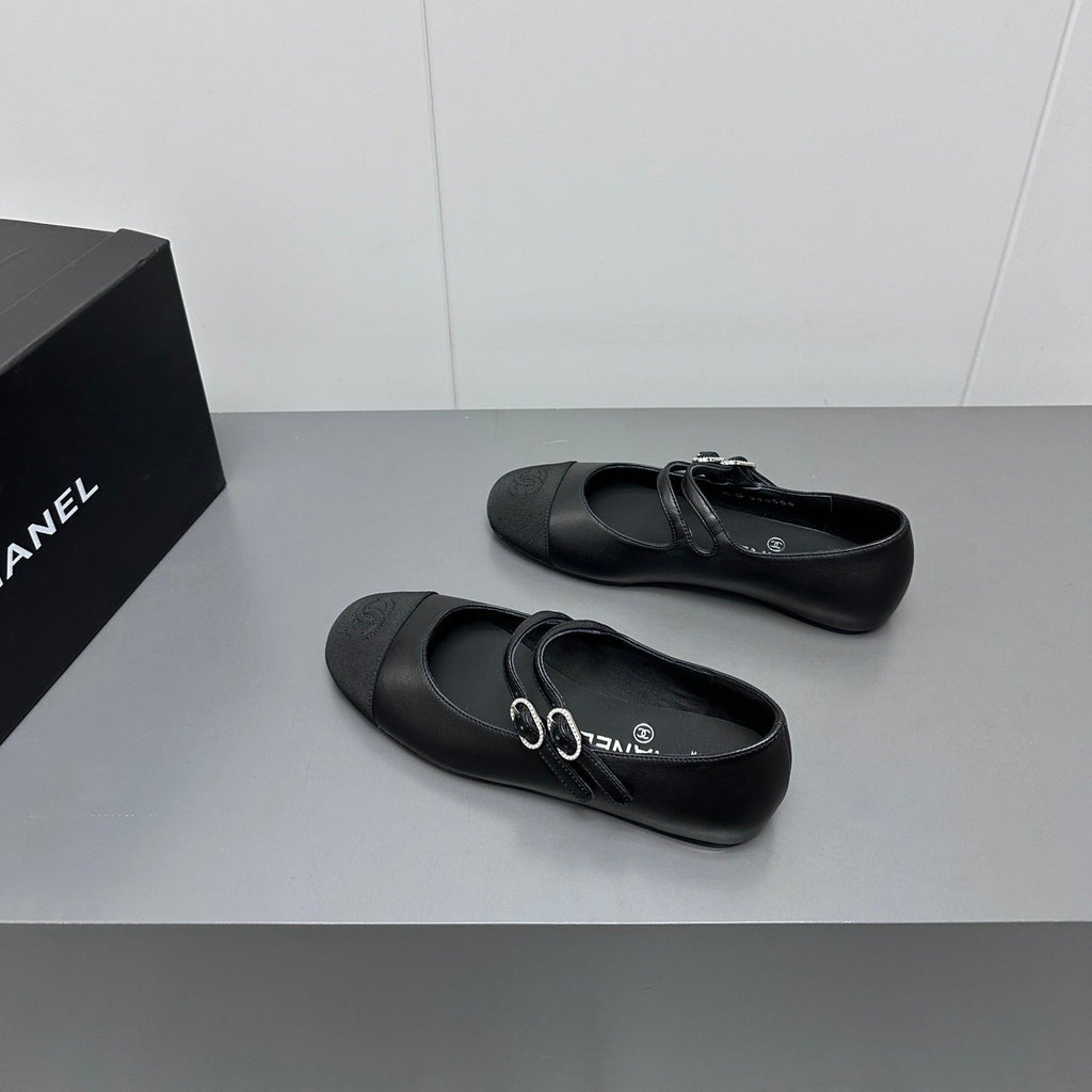 Chanel Pearl Mary Jane Flat Shoes Black