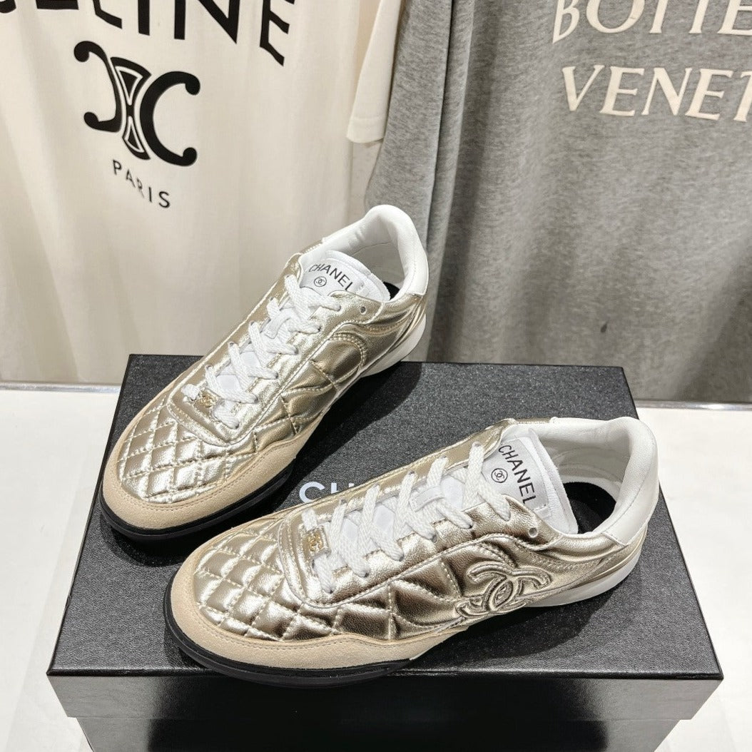 Chanel Double C New Quilted Panda Shoes Gold Sheepskin