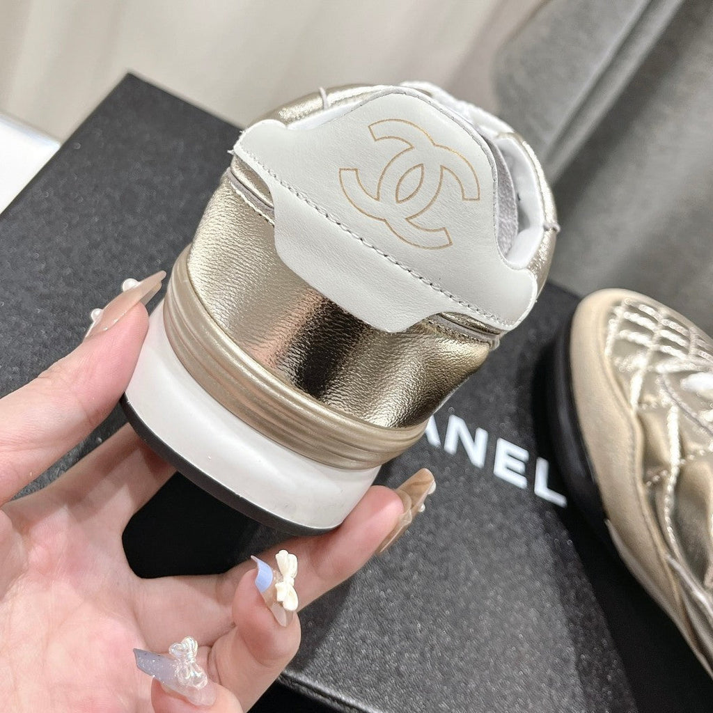 Chanel Double C New Quilted Panda Shoes Gold Sheepskin