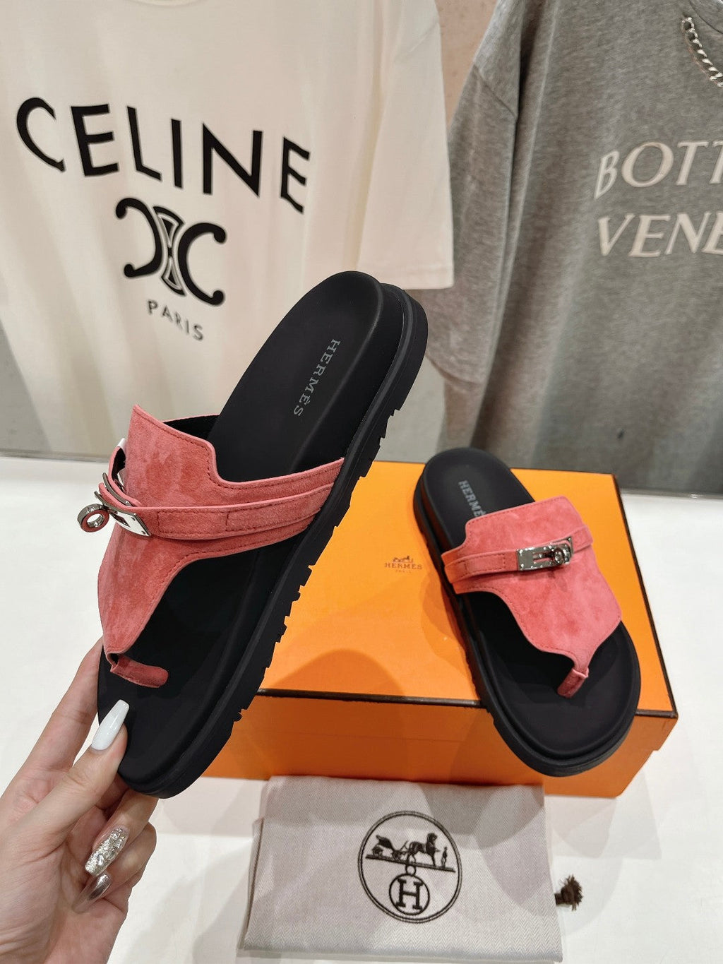 Hermes Empire Sandal Black Mix Pink Suede