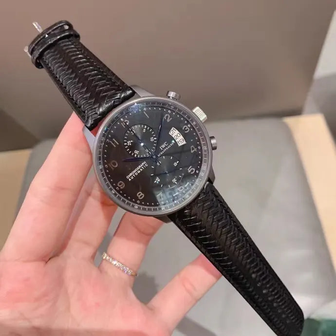 leather IWC Pilot Chronograph Black Dial - Hình 4