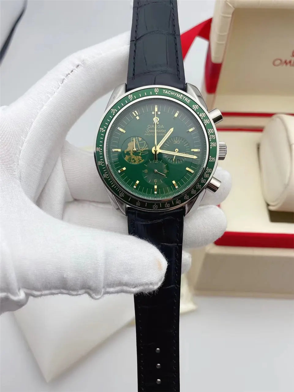 speedmaster Omega Green Dial Leather