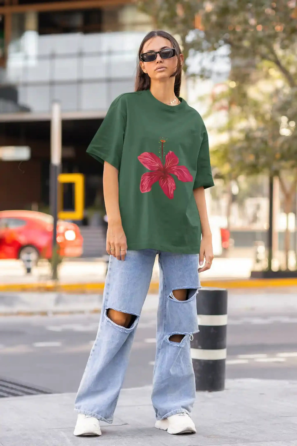 Red Hibiscus Oversized Tee - Urban Theory Co