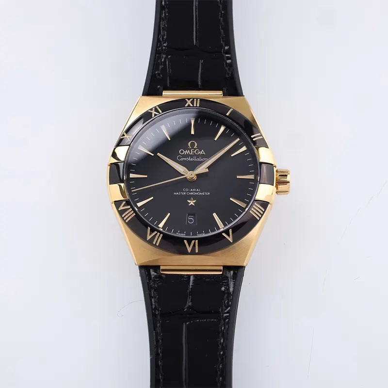 Omega Black Gold Leather Watch - Hình 2