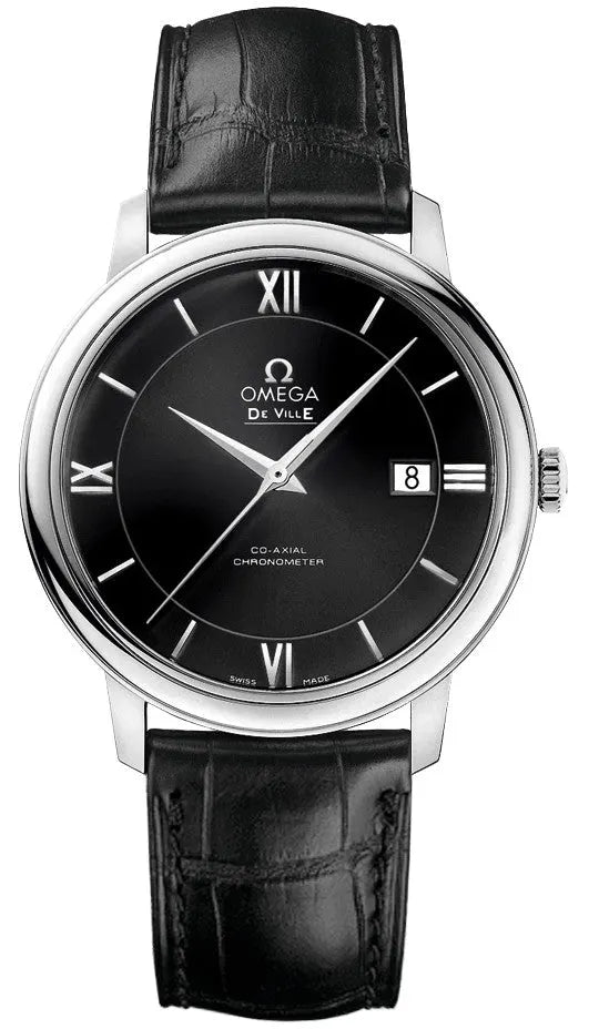 silver Omega De Ville Black Leather
