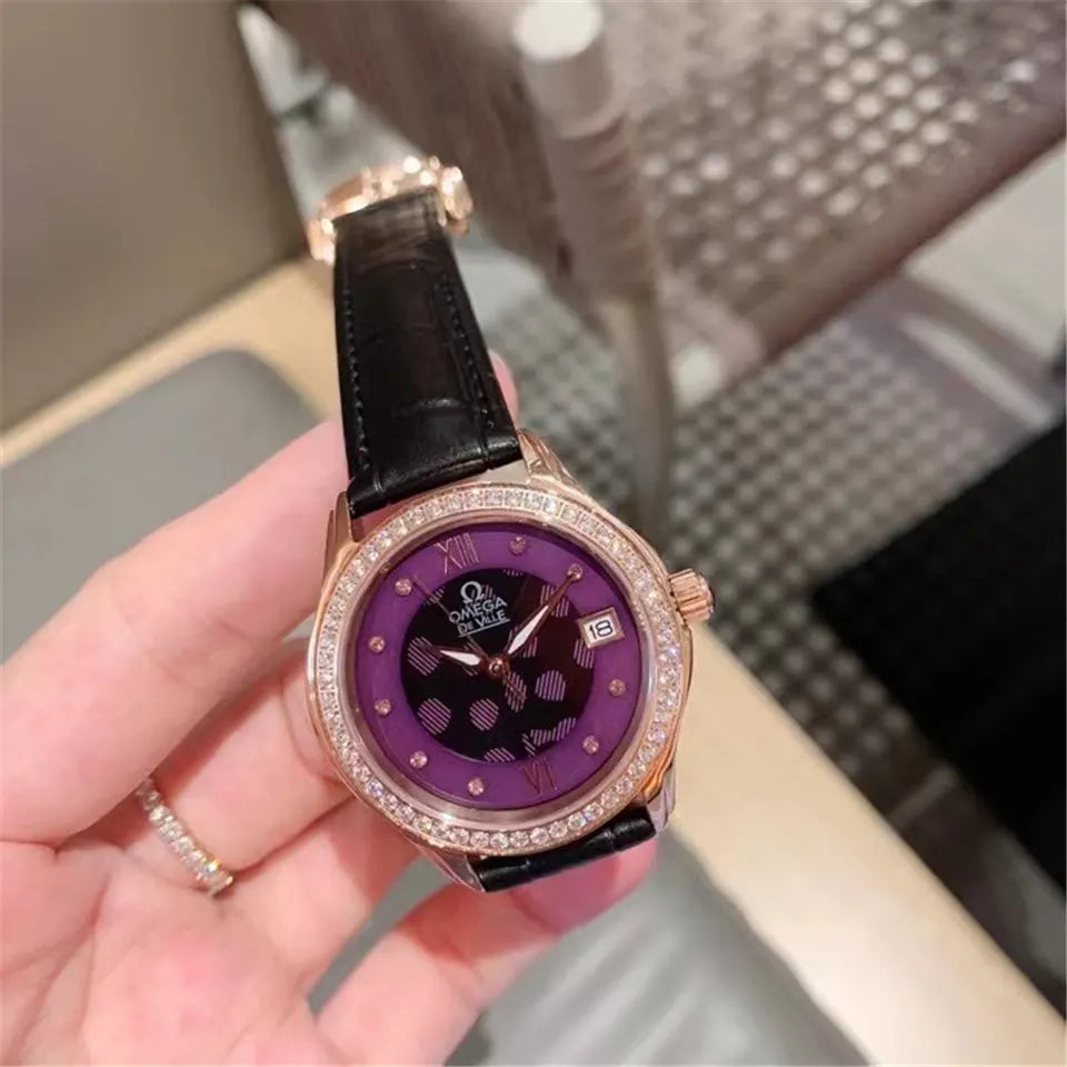 Omega Purple Diamond Leather Watch - Hình 3