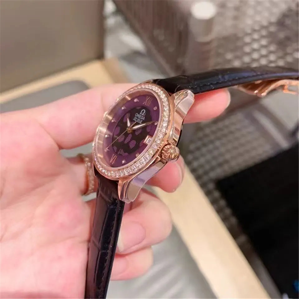 Omega Purple Diamond Leather Watch - Hình 6