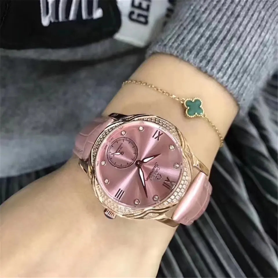 Omega Pink Leather Diamond Bezel - Hình 3