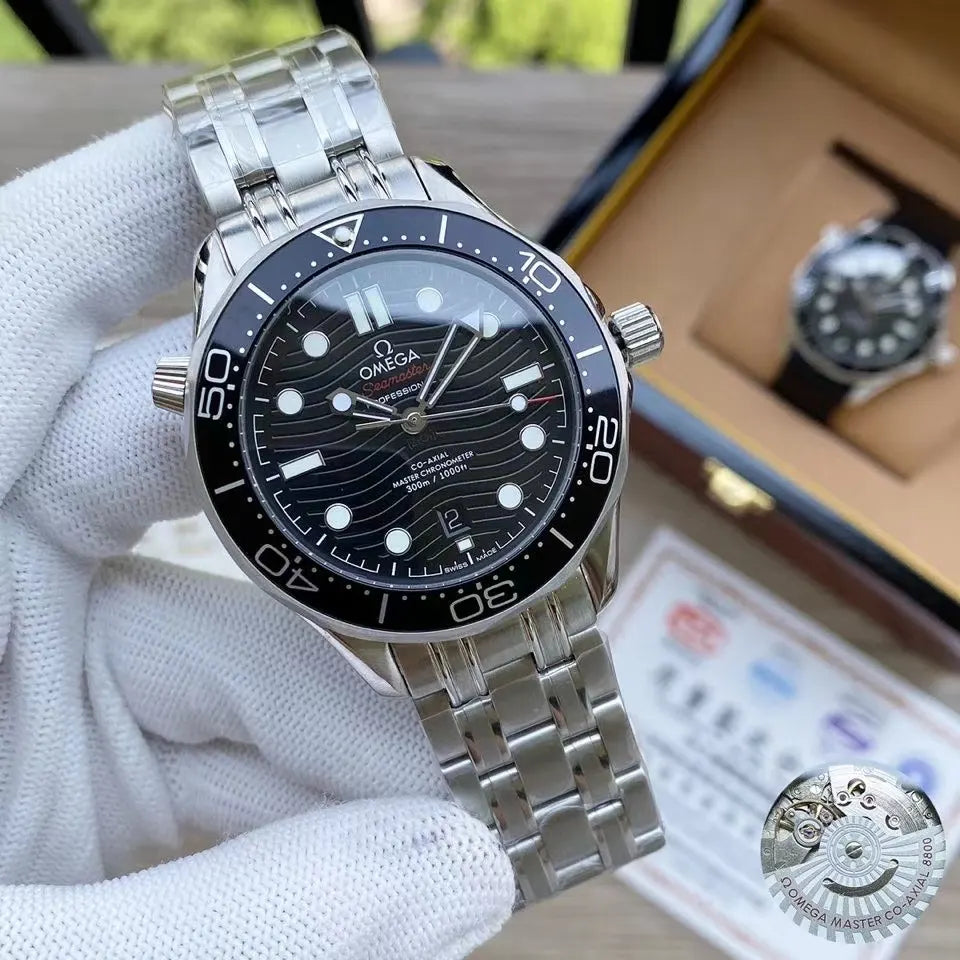 stainless Omega Seamaster Black Wave Dial